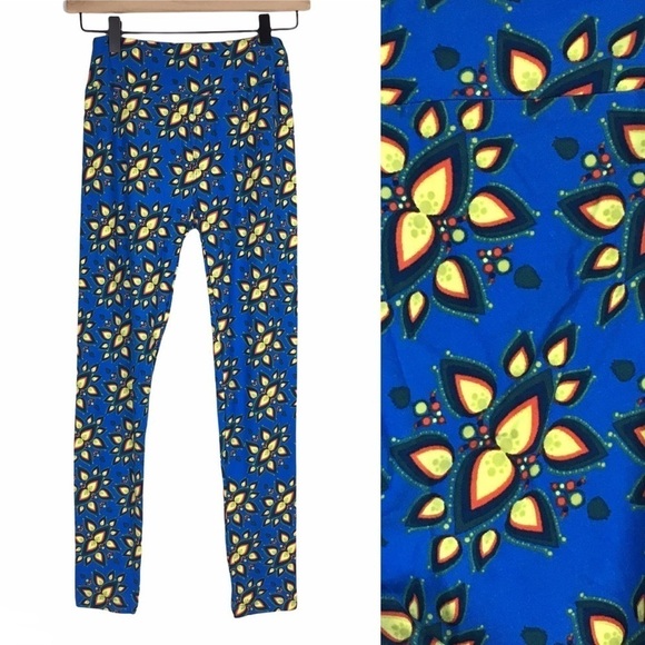 LULAROE Leggings OS One Size Aztec Southwestern Floral Flame Blue Yellow Black - Picture 1 of 9